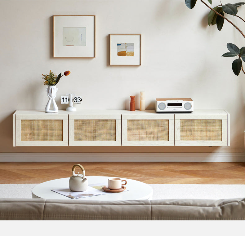 Oak Solid Wood Rattan Suspended TV Cabinet.