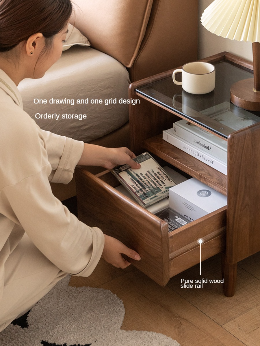 Black Walnut, Catalpa, Sandalwood Solid Wood Nightstand Glass Countertop.