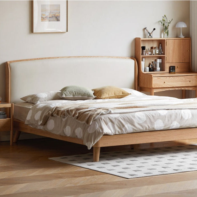 Oak Solid Wood Genuine Leather, Tech Fabric Bed