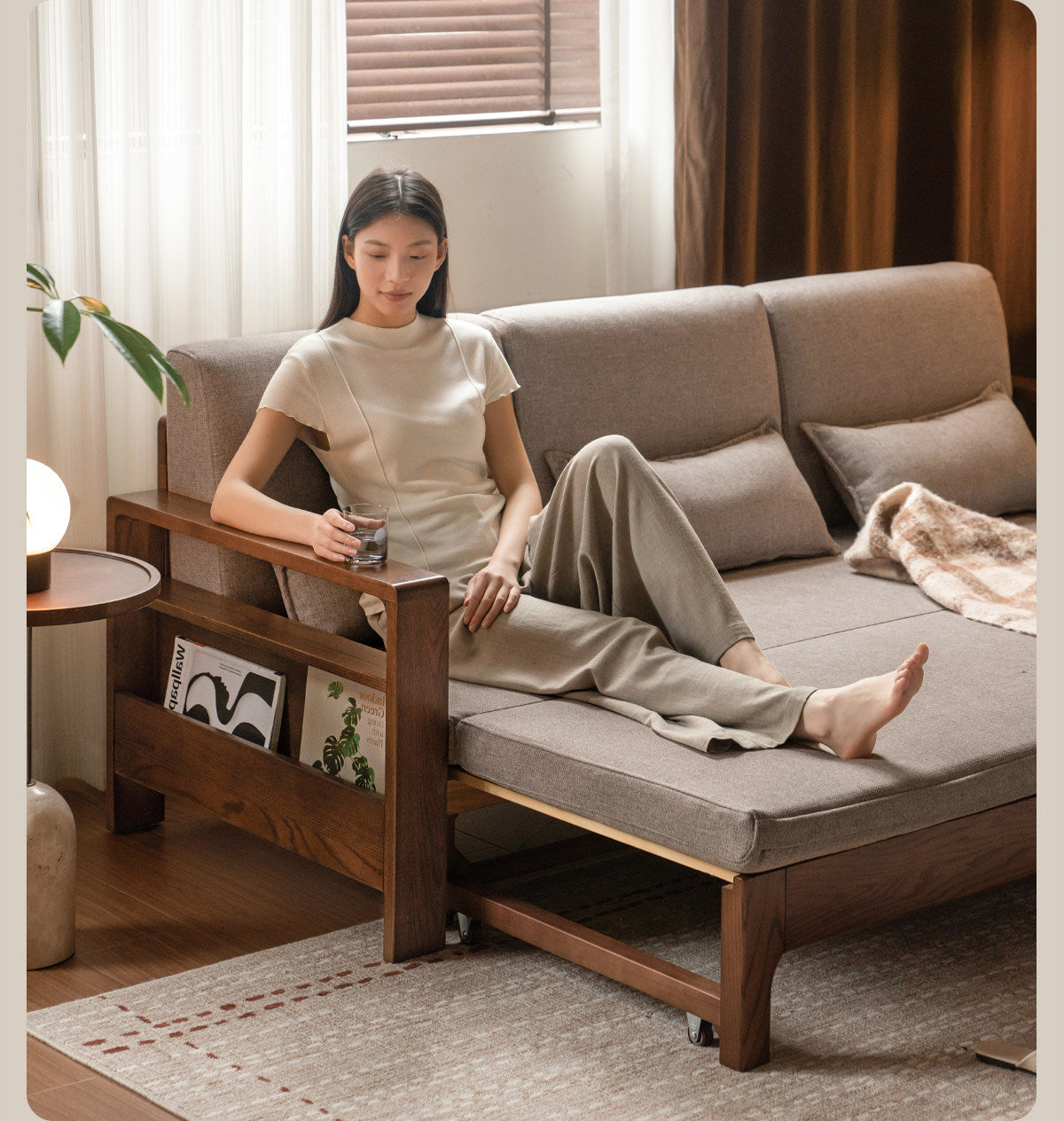 Oak, Beech Sofa Bed with Wood Frame and Side Storage Pocket