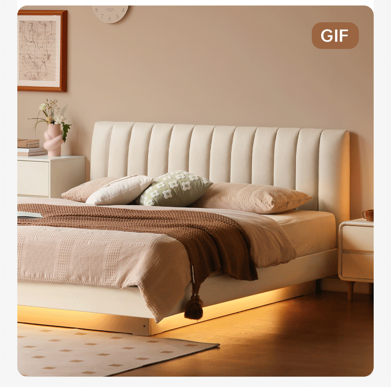 Oak, Rubber Wood Solid Wood Cream Technical Fabric Suspended Box Storage Bed