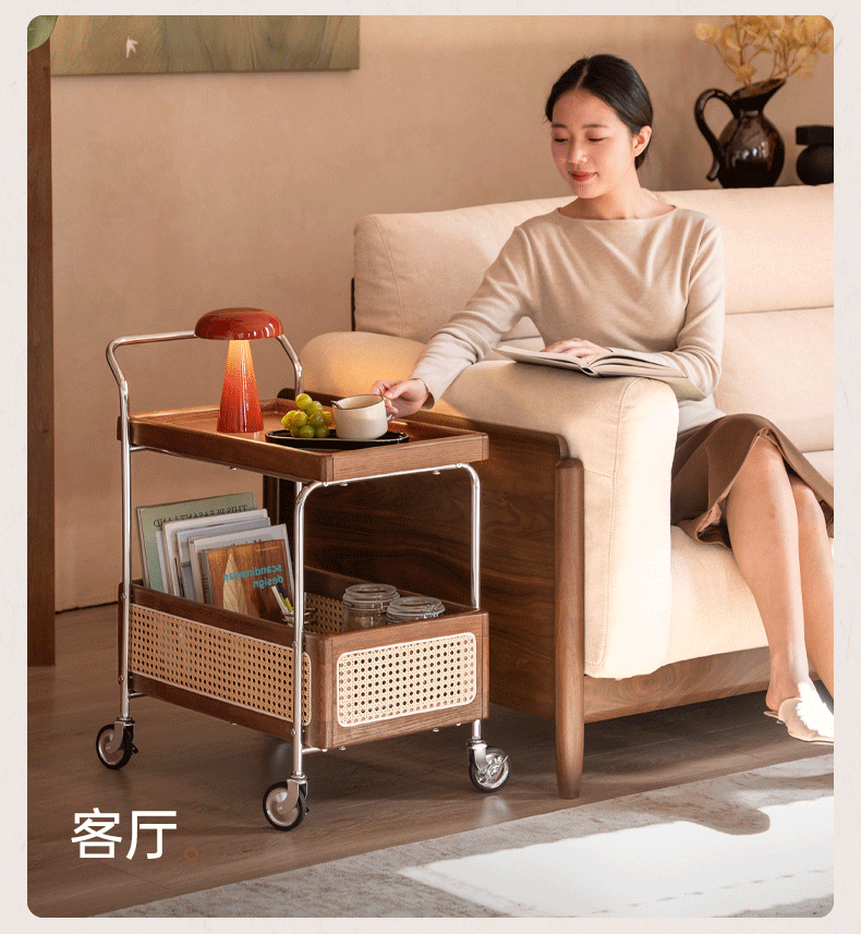 Oak Solid Wood Side Table with Double Layer Storage and Mobile Trolley