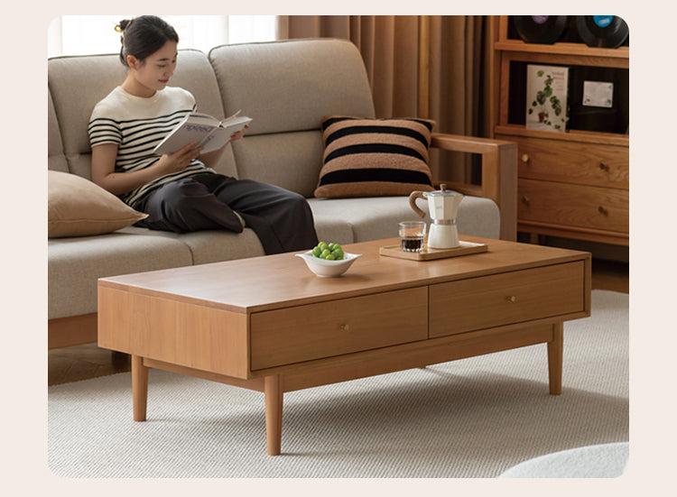 Poplar Solid Wood Modern Rectangular Coffee Table with Drawer.