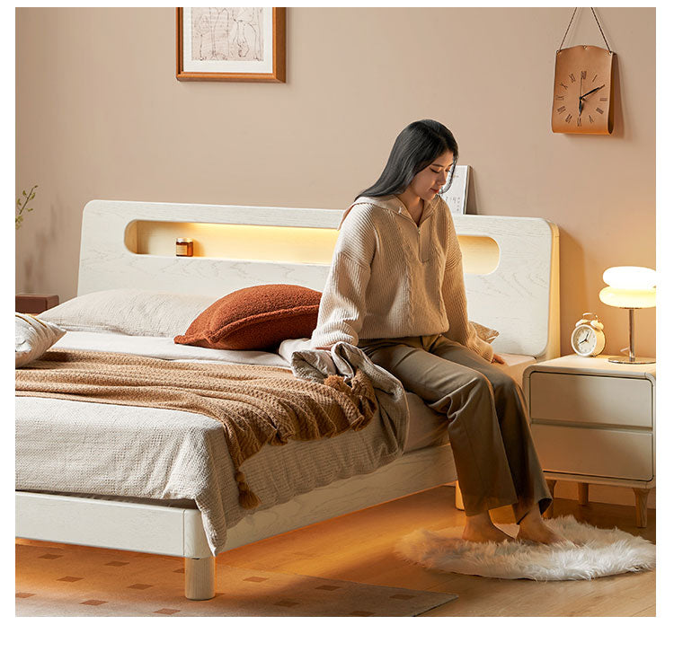 Oak Solid Wood Bed Cream Suspension Bed Luminous