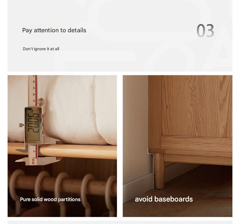 Oak Solid Wood Wardrobe Armoire with Hidden Groove Pulls and Raised Legs