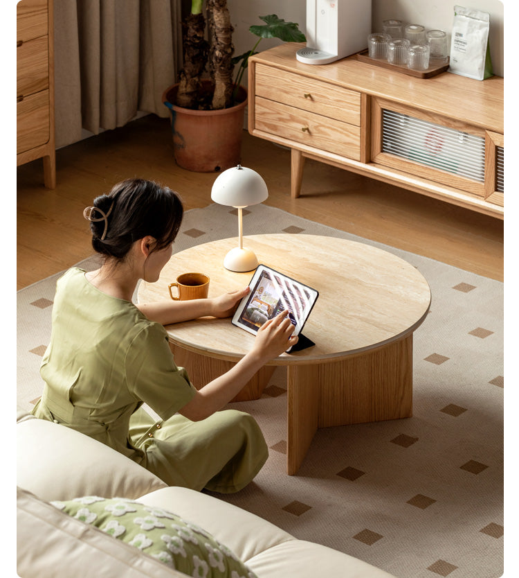 Oak Solid Wood Travertine Rock Plate Coffee Table