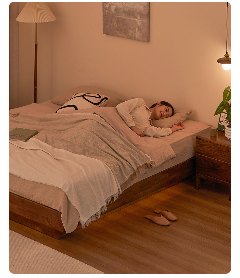 Black Walnut Solid Wood Platform Bed, Headboard-Free Box Bed