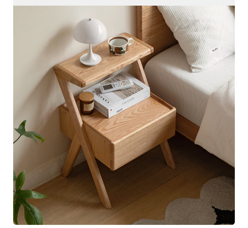 Oak Solid Wood Nightstand Rack Integrated Light)