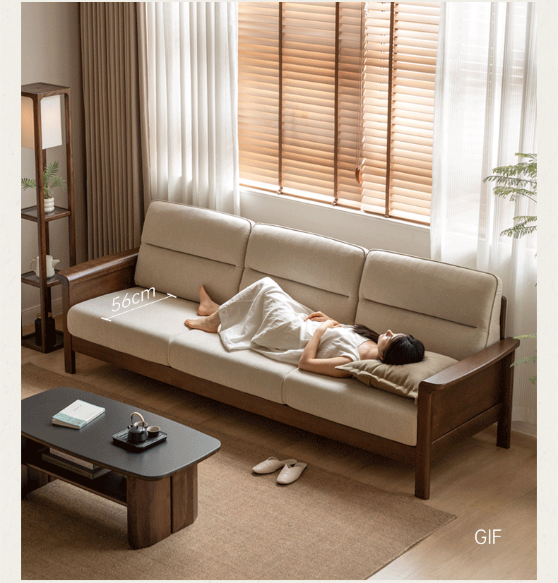 Golden Sandalwood Solid Wood Sofa with Soft Fabric Cushions