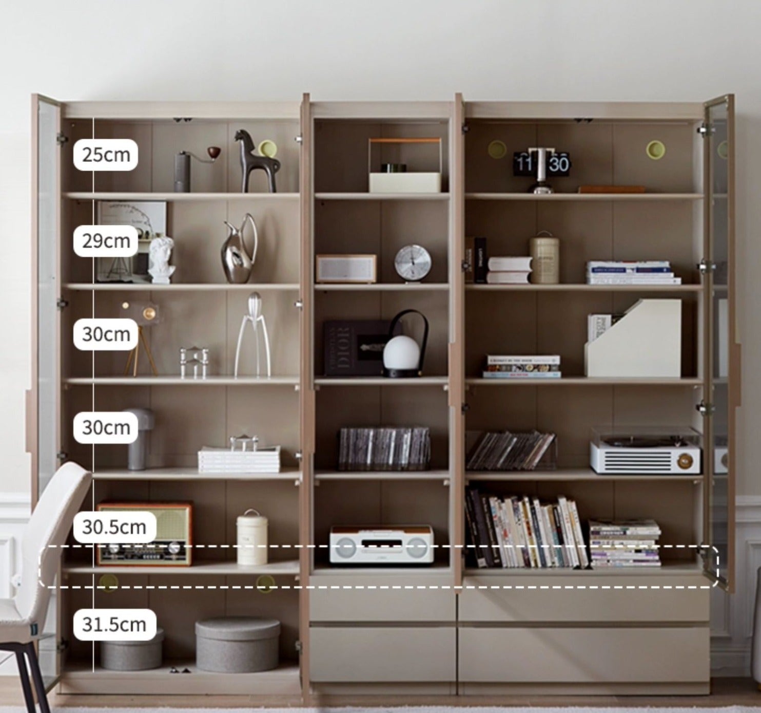 Poplar Solid Wood Combination Bookcase, Glass Door Cabinet