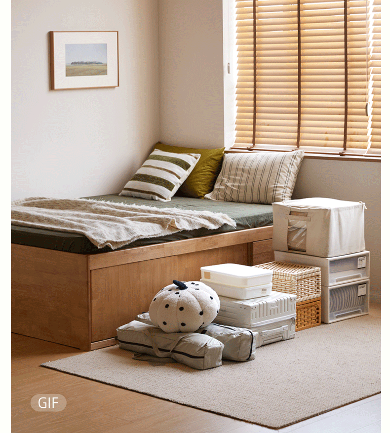 Rubberwood Solid Wood Low Platform Storage Bed with Side Drawers