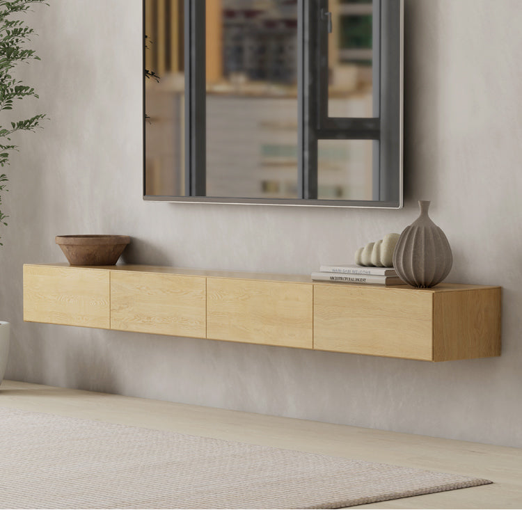 Oak Solid Wood TV Cabinet Hanging LED Lights.