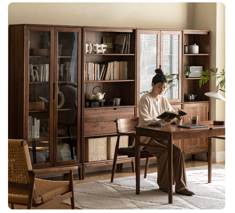 Black Walnut, Ash Solid Wood Combination Dust-Proof Glass Door Bookshelf