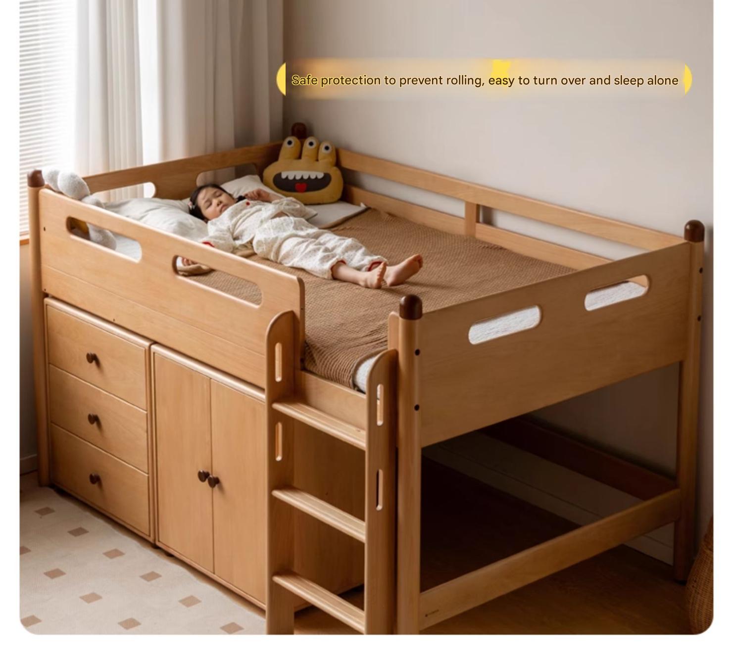 Beech Nordic Children's Solid Wood Loft Bed, Modern Minimalist Multifunctional Combination Bed with Table