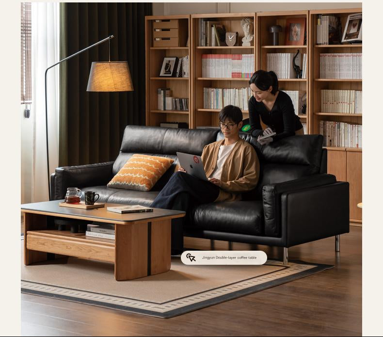 Genuine Leather Italian-Inspired Sofa – Modern High-Back Black Couch