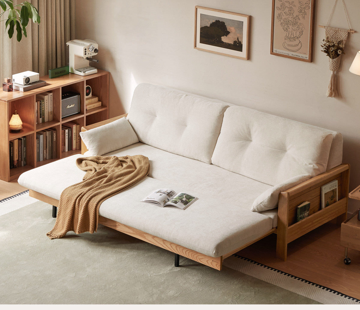 Oak Solid Wood Tufted Sofa Bed with Wood Frame and Side Storage Pocket