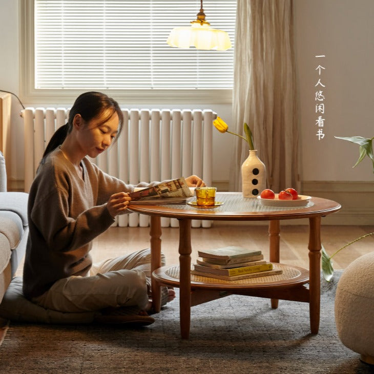 Cherry Wood Solid Wood Glass Round Coffee Table