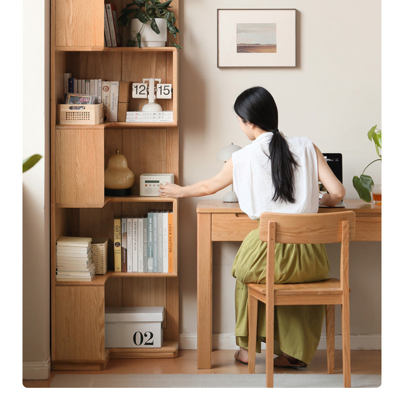 Oak Solid Wood Corner Bookshelf with Floor-Standing Storage Cabinet