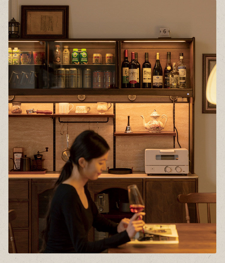 Black Walnut Solid Wood Buffet Cabinet with Retro Style and Rock Board Surface