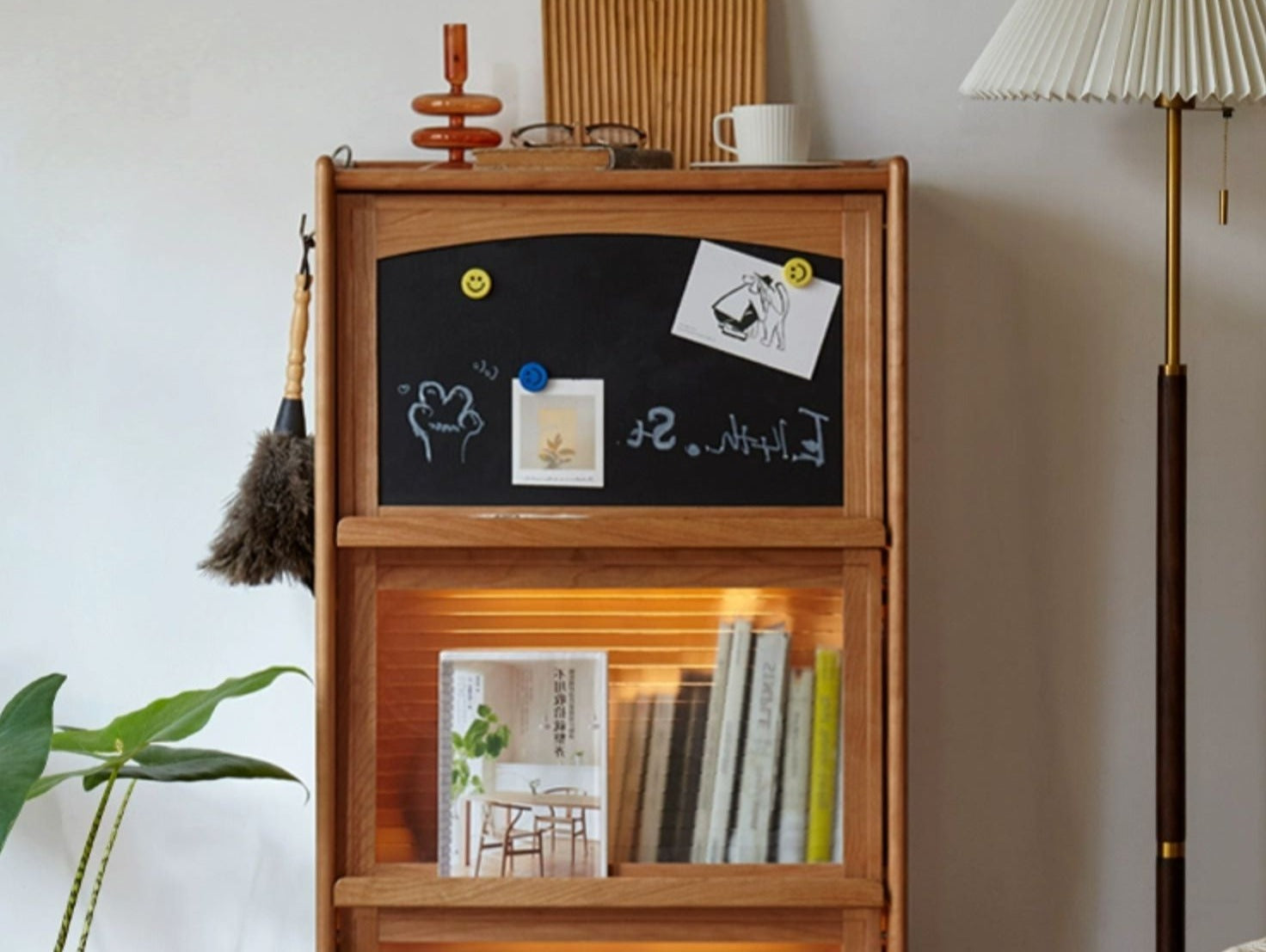 Cherry, Oak Solid Wood Flip Door Magazine Cabinet LED light -