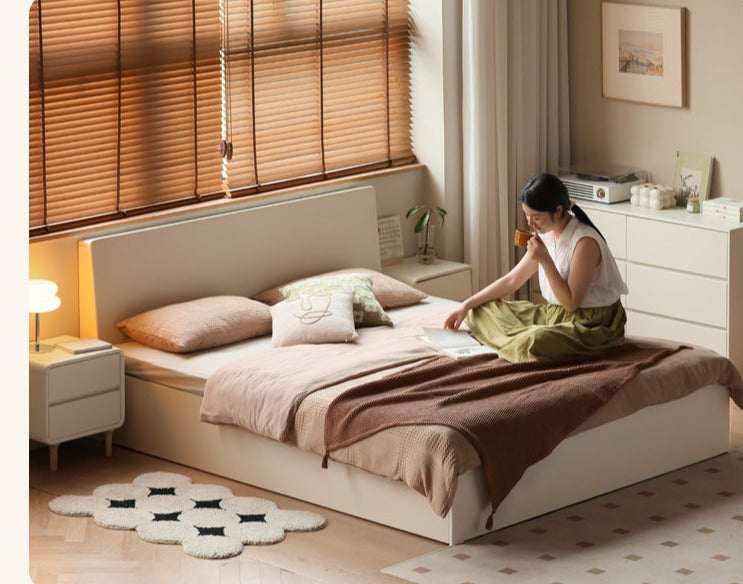 Rubber Wood,Poplar Solid Wood Box Bed, Cream Storage Bed