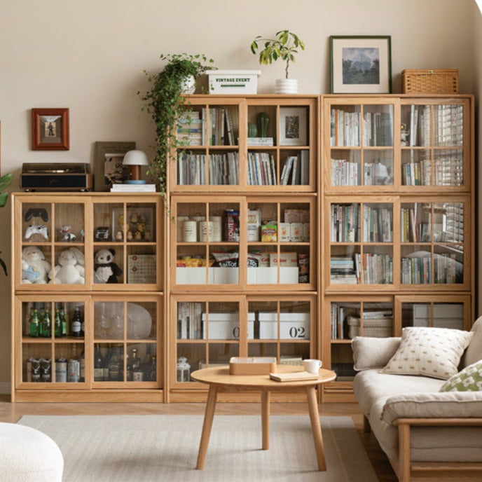 Oak Solid Wood Bookcase Floor to Floor Free Combination Sliding Door