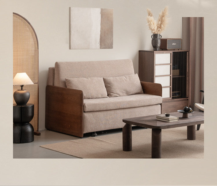 Ash Solid Wood Convertible Sofa Bed with Wood Frame and Adjustable Backrest on Wheels