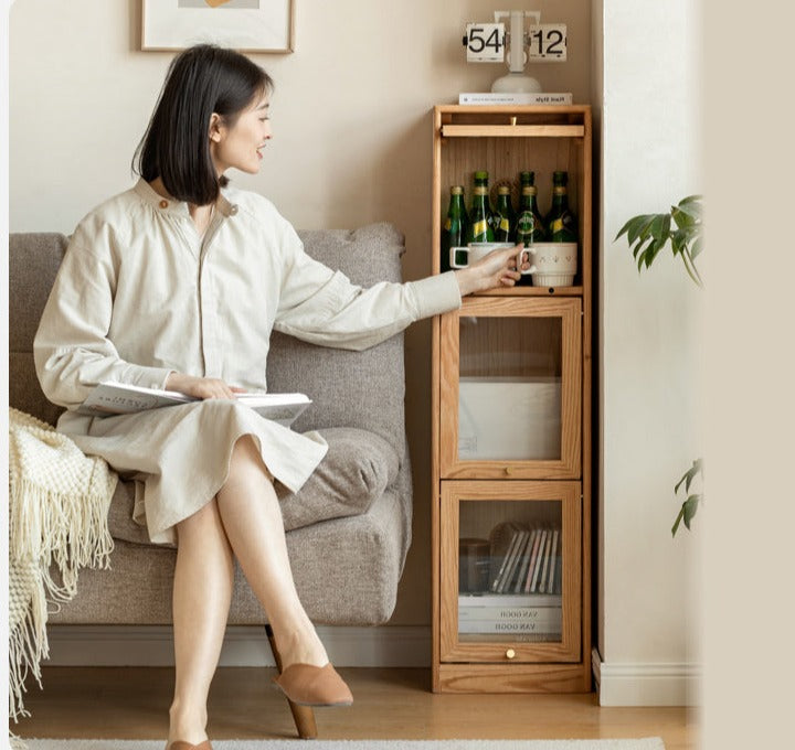 Oak Solid Wood Bookcase Corner Glass Flip Door