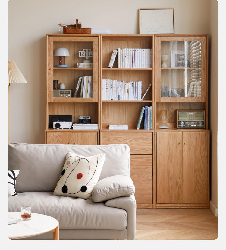 Oak Solid Wood Floor-To-Ceiling Combination Bookshelf, Glass Bookcase