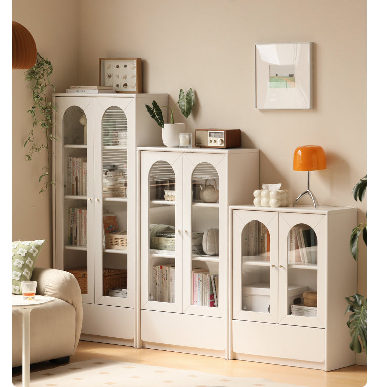 Solid RubberWood Bookcase With Door French Cream Style