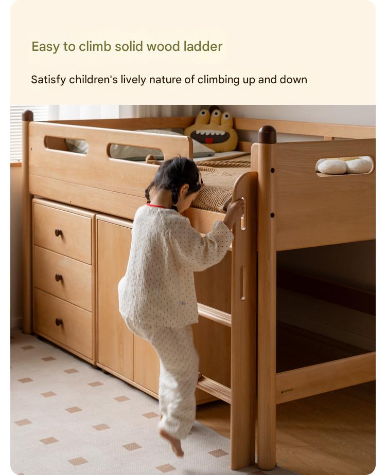 Beech Nordic Children's Solid Wood Loft Bed, Modern Minimalist Multifunctional Combination Bed with Table