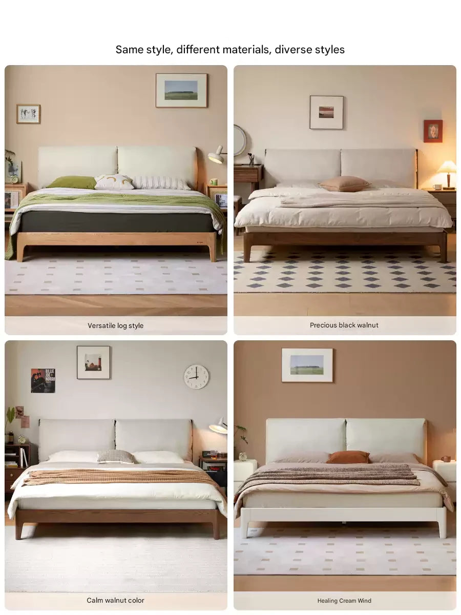 Beech, Oak, Black Walnut Solid Wood Bed — Fabric, Genuine Leather Upholstered, Simple Design