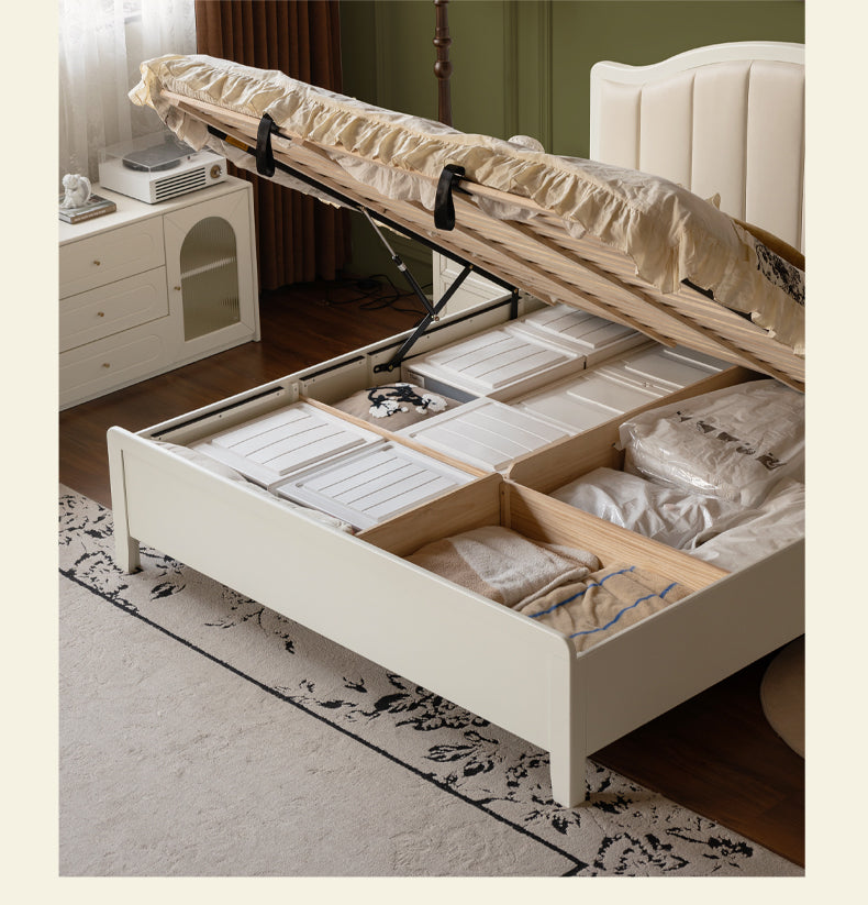 Rubber Solid Wood Arched Channel-Tufted Upholstered Storage Bed, Cream