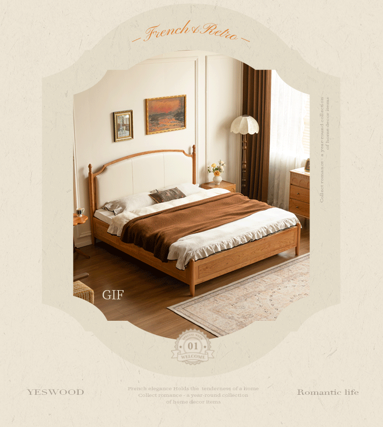 Cherry Solid Wood Box Bed with French Country Arched Upholstered Headboard and Spindle Posts