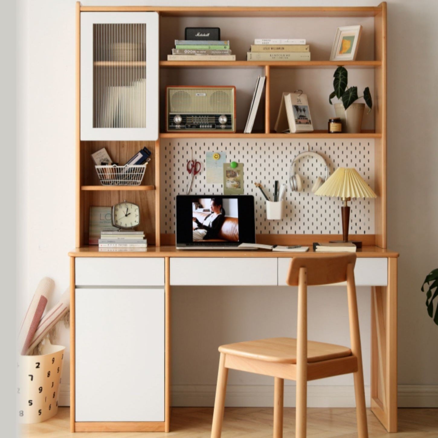 Secretary desk deals with bookshelf