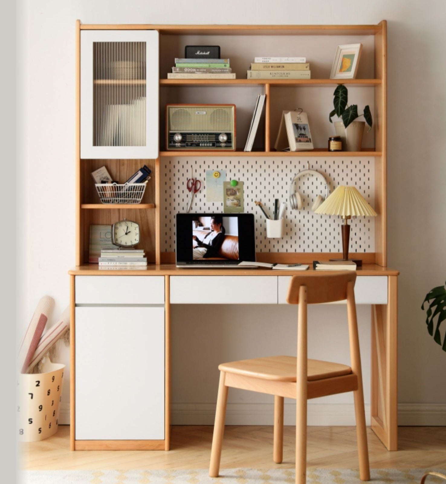 Beech Solid Wood Desk Bookshelf Integrated Study