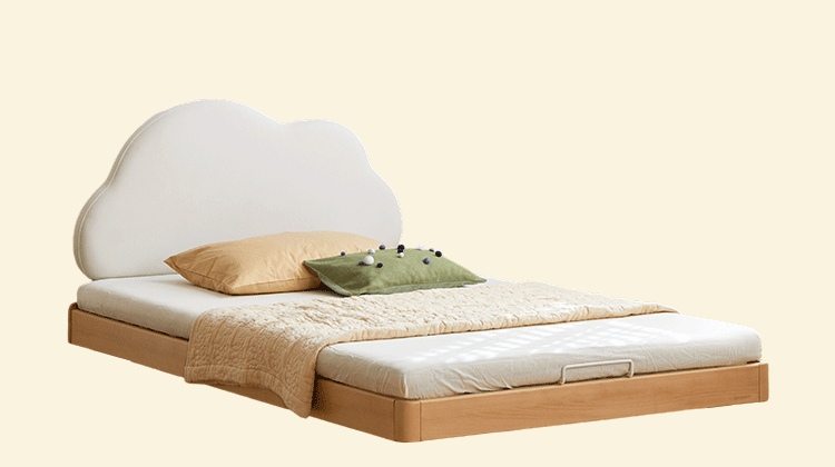 Beech Solid Wood Upholstered Kids Bed with Cloud-Shaped Headboard