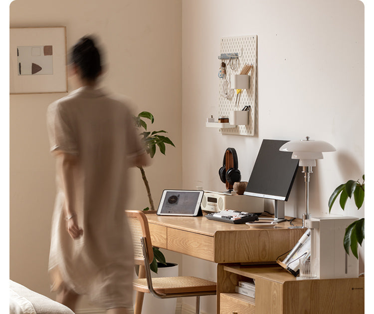 Ash Solid Wood Retractable Desk with Cabinet, Home Office