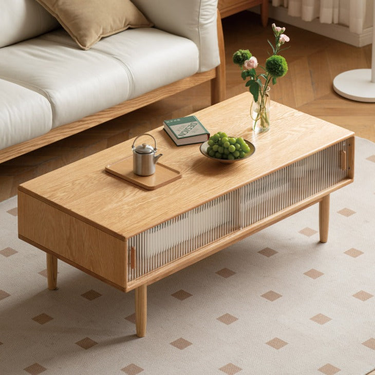 Oak, Beech, Solid Rubberwood Glass Doors Coffee Table