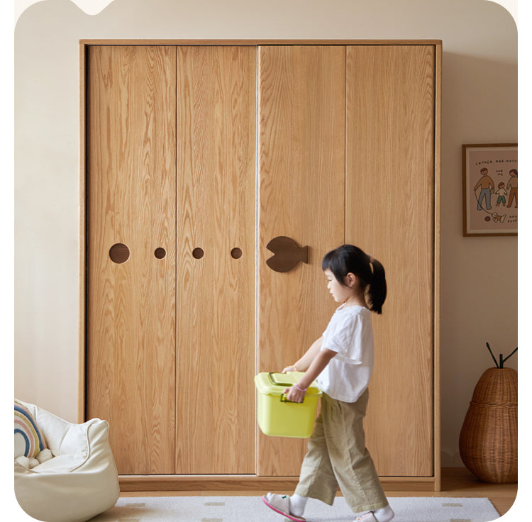 Oak Solid Wood Children's Sliding Door Wardrobe Storage Cabinet