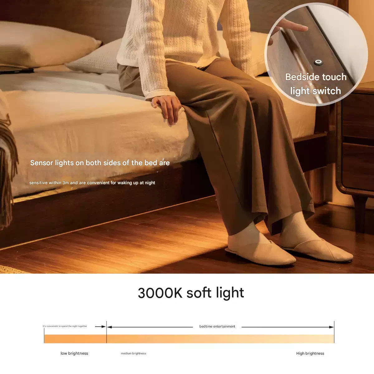Oak solid wood bed with light, storage space