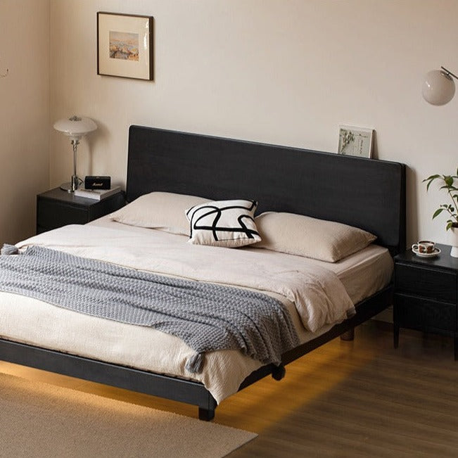 Oak Solid Wood Nordic Floating Bed — Modern Minimalist Black with Light