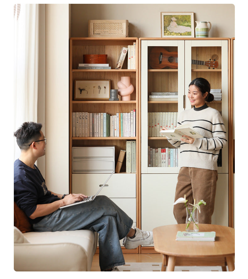 European Beech, Oak Solid Wood Floor-Standing Bookshelf with Glass Door Display