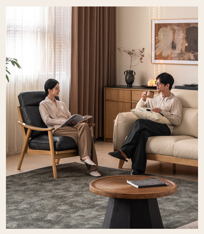 2 pcs Ash Solid Wood Genuine Leather, Fabrics Accent Chair, Modern Minimalist Lounge Chair