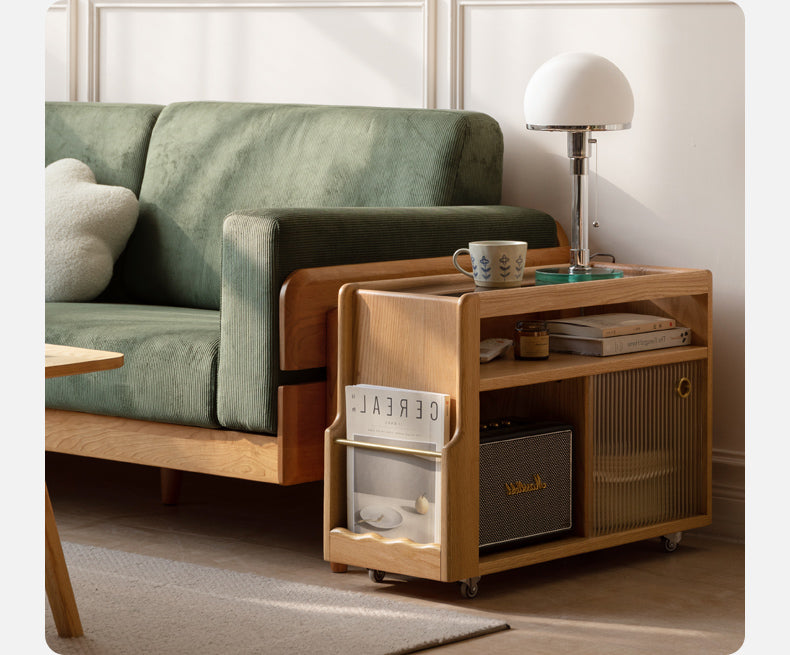 Oak, Beech, Poplar, Black Walnut Solid Wood Mobile Glass Side Table