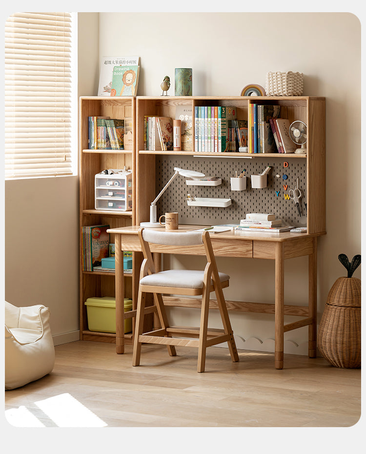 Oak Solid Wood Kids Lifting Study Desk Bookshelf