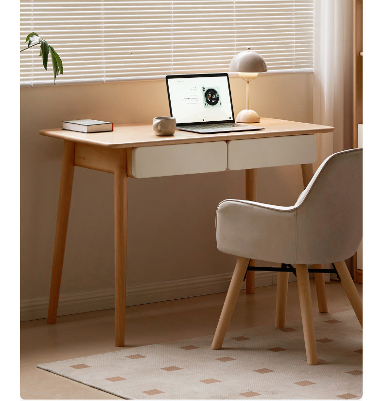 Beech Solid Wood Office Desk with 2 Drawers