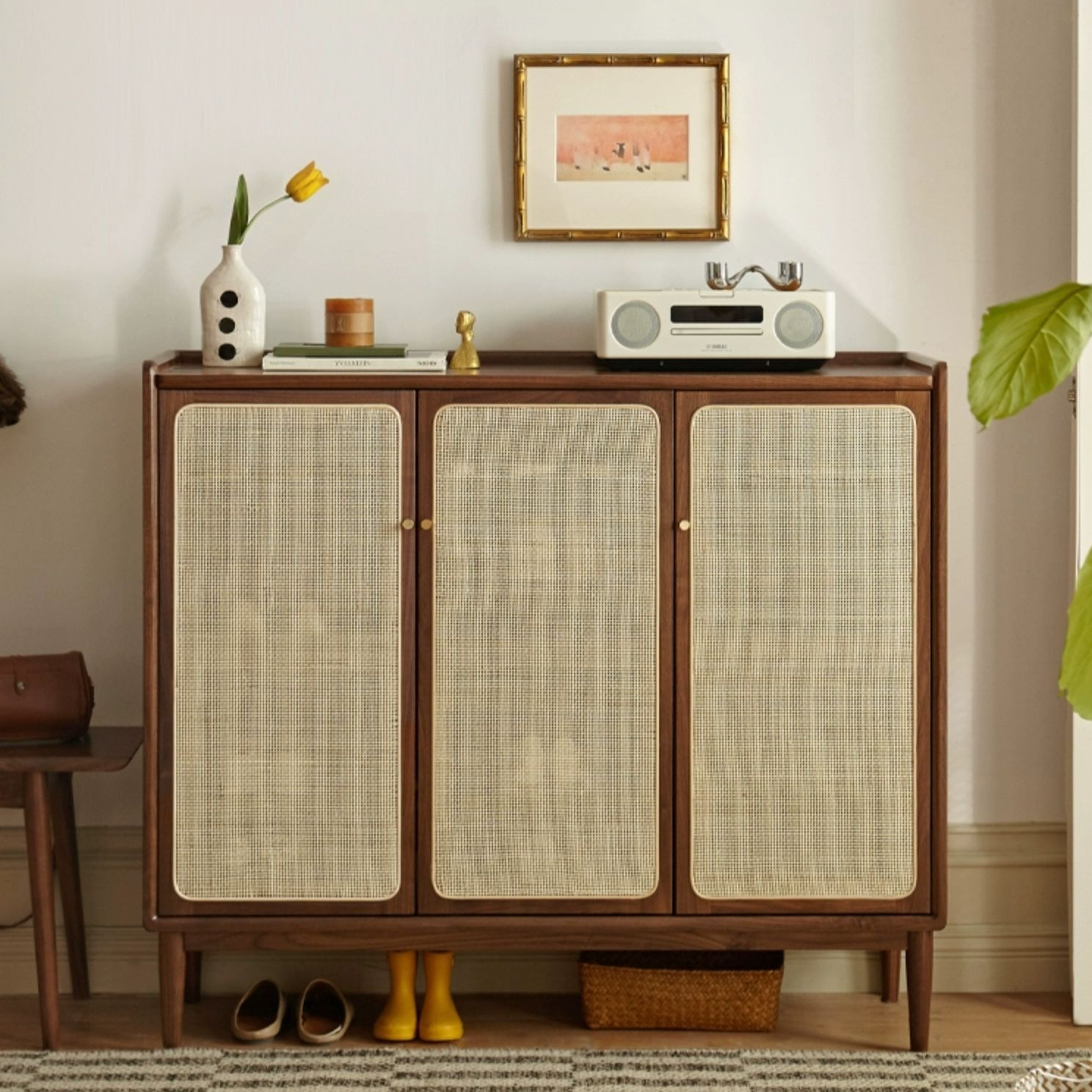 Black Walnut, Oak, South American Walnut Solid Wood Rattan Shoe Cabinet