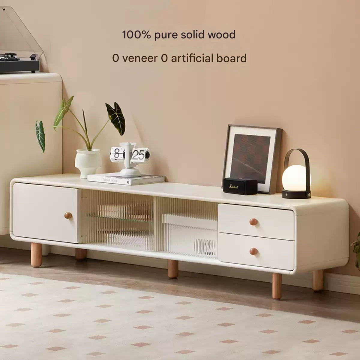 Solid Rubberwood White Floor TV Cabinet.