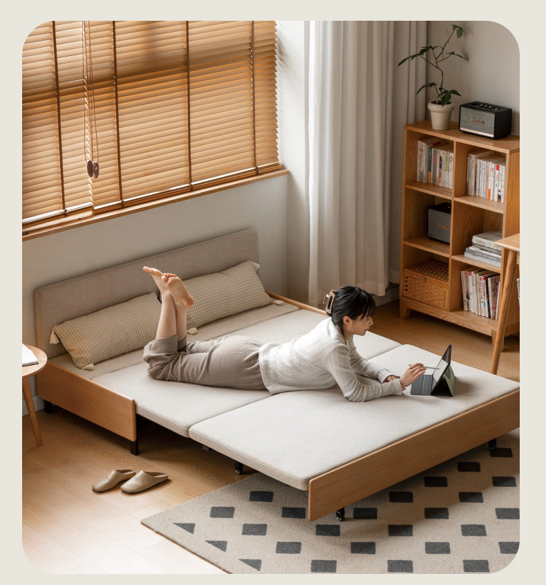 Oak Solid Wood Sofa Bed Folding Sit-sleeping Pull-out Bed.
